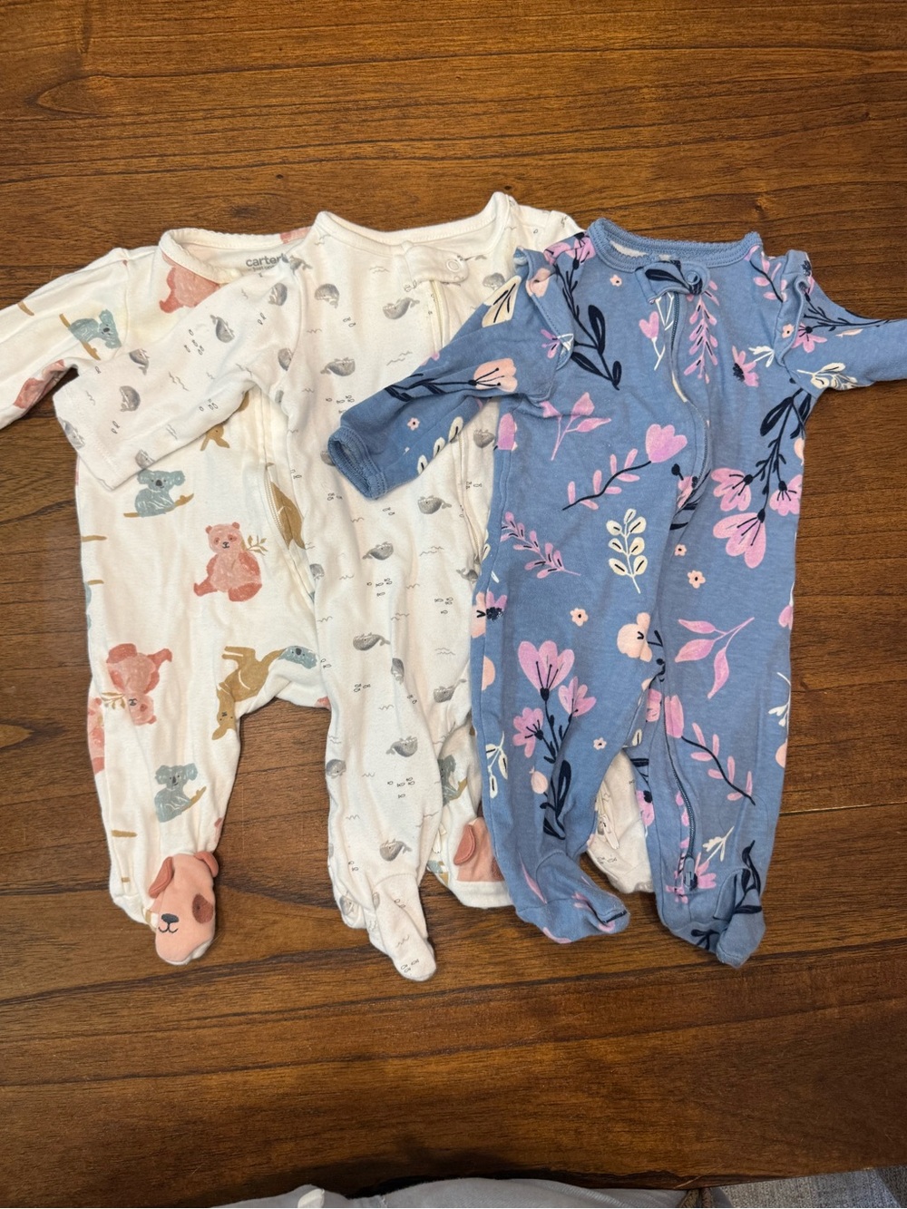 Carter's Blue Floral Footed Baby One-Pieces- Set